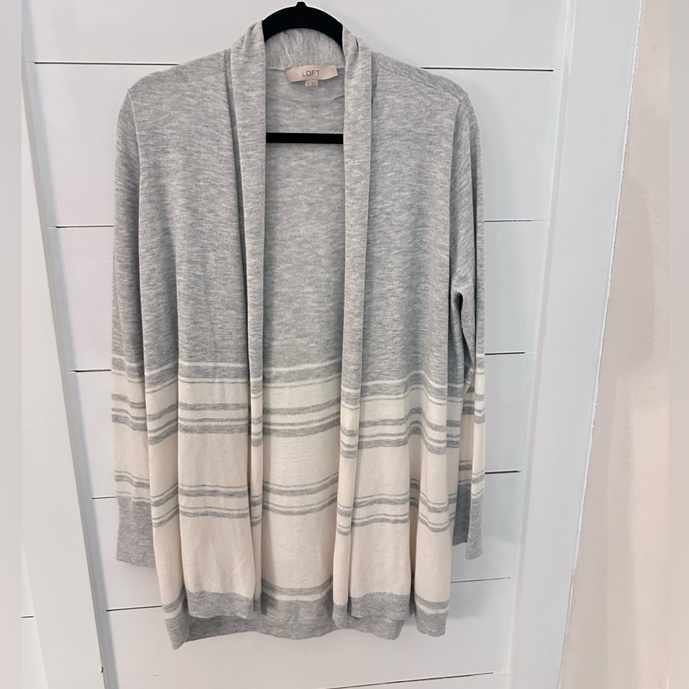 LOFT XL Grey-white stripe super soft cozy open roll neck classic casual cardigan